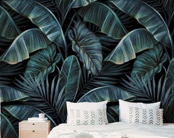 Dark Banana Leaf Jungle Wallpaper Tropical Peel and Stick Wall Mural Removable