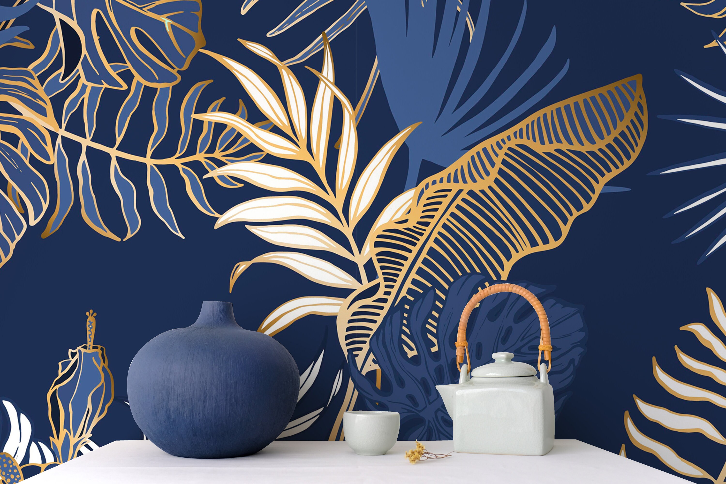 Exotic Tropical leaf wallpaper Peel and Stick Monstera Blue Etsy