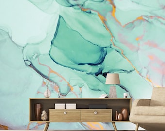 Teal Abstract Marble Wallpaper Modern Peel and Stick Removable Wall Decor