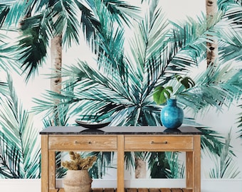 Watercolor Palm Tree Wallpaper: Teal Tropical Beach Wall Mural (Peel and Stick)