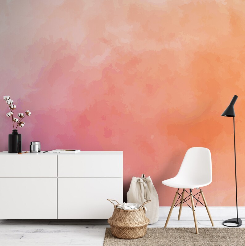 Buy Pink and Orange Peel Stick Wallpaper, Peach Watercolor Wallpaper