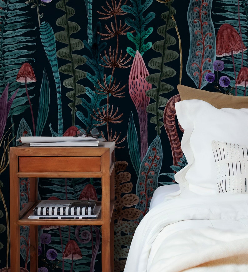 Black Secret Garden Peel and Stick Wallpaper Dark Cottagecore Etsy