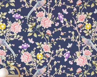 Chinoiserie Wallpaper Navy Blue Botanical Birds & Flowers Peel and Stick