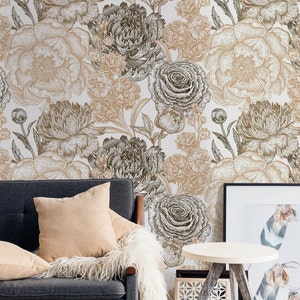 Vintage Brown Floral Wallpaper, Botanical Wallpaper With Peonies, Cream Flowers Art Deco Wallpaper, Romantic Wallpaper Mural, Wall Art
