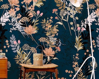 Dark Tropical Garden Wallpaper With Peach Florals on Teal Blue