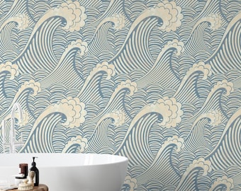 Blue Waves Wallpaper Removable Ocean Wall Mural for Bedroom Peel and Stick