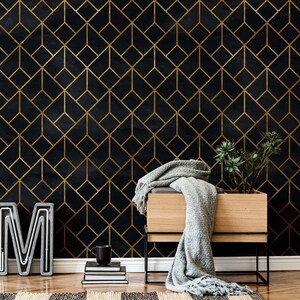 Black Gold Geometric Wallpaper Art Deco Peel and Stick Removable Wall Decor image 1