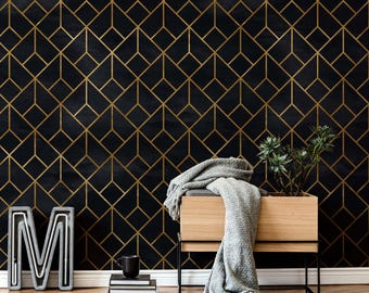 Black Gold Geometric Wallpaper Art Deco Peel and Stick Removable Wall Decor