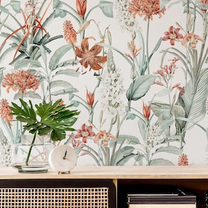 Vintage Botanical Wallpaper Peel and Stick, Floral and Botanical Self adhesive Removable Wallpaper, Orange Flowers & Leaves Wallpaper, VF020