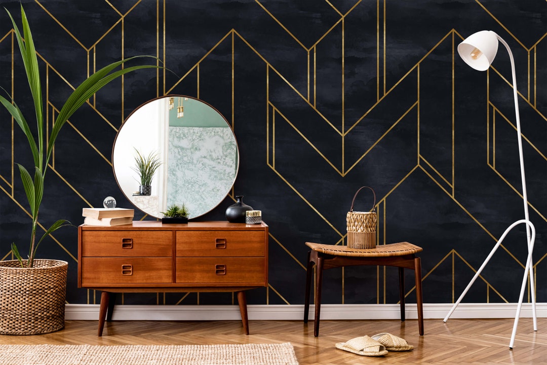 Wallpaper Peel and Stick Black and Gold, Art Deco Removable Wallpaper