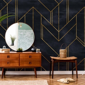 Black and Gold Geometric Wallpaper for Living Room, Bedroom Decor, Peel and Stick Wallpaper, Removable Wallpaper for Home Decor, Wall Art