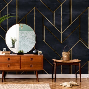 Geometric Black Gold Wallpaper, Luxury Modern Wall Paper, Removable Art Deco Wallpaper in Black & Gold, Faux Gold Luxury Home Décor