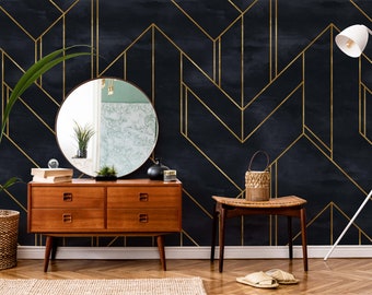 Geometric Black Gold Wallpaper, Luxury Modern Wall Paper, Removable Art Deco Wallpaper in Black & Gold, Faux Gold Luxury Home Décor