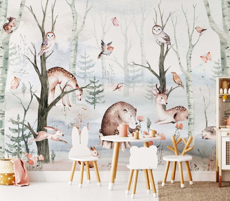Woodland Wallpaper Cute Forest Animals Mural Animal Etsy