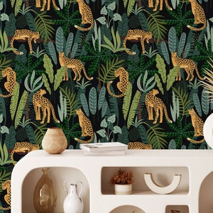 Cheetah Black Jungle Wallpaper, Animal Print Tropical Wallpaper, Safari Wallpaper Mural, Leopard Removable Wallpaper, Nursery Wallpaper