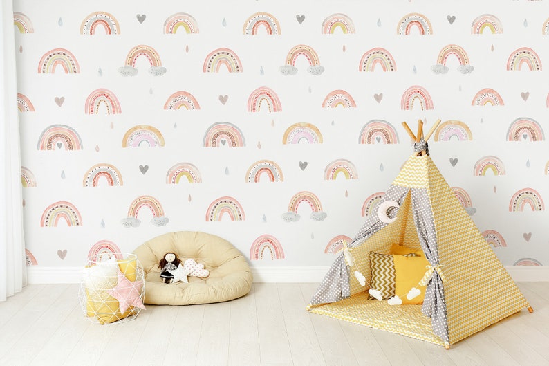 Neutral Rainbow Wallpaper Cute Boho Rainbow Peel and Stick Etsy