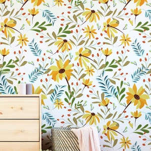 Vintage Yellow Floral Wall Cover, Self Adhesive Wall Paper, Removable Wallpaper, Peel and Stick Wall Decor, Flowers Wall Art, Home Decor DIY