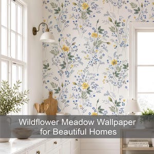 Peel and Stick Wallpaper, Floral Wallpaper, Vintage Yellow and Blue Meadow with Daisies & Sunflowers for Bedroom, Nursery or Farmhouse AF017