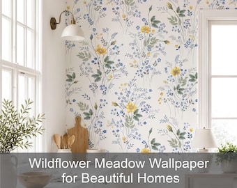 Summer Meadow Floral Wallpaper, Yellow Blue Daisy Sunflower Mural, Peel and Stick Nursery Wallpaper AF017