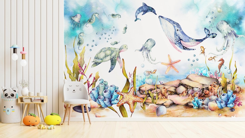 Under the Sea Wallpaper, Sea Life Wallpaper, Nursery Ocean Life Wall Decal, 3D Sea Life Waterproof Wallpaper, Peel and Stick Wall Mural image 2