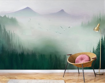 Watercolor Mountain And Forest Wallpaper, Mountain Wall Art, Foggy Forest Wall Mural, Dreamy Forest Removable Wallpaper, Landscape Wallpaper