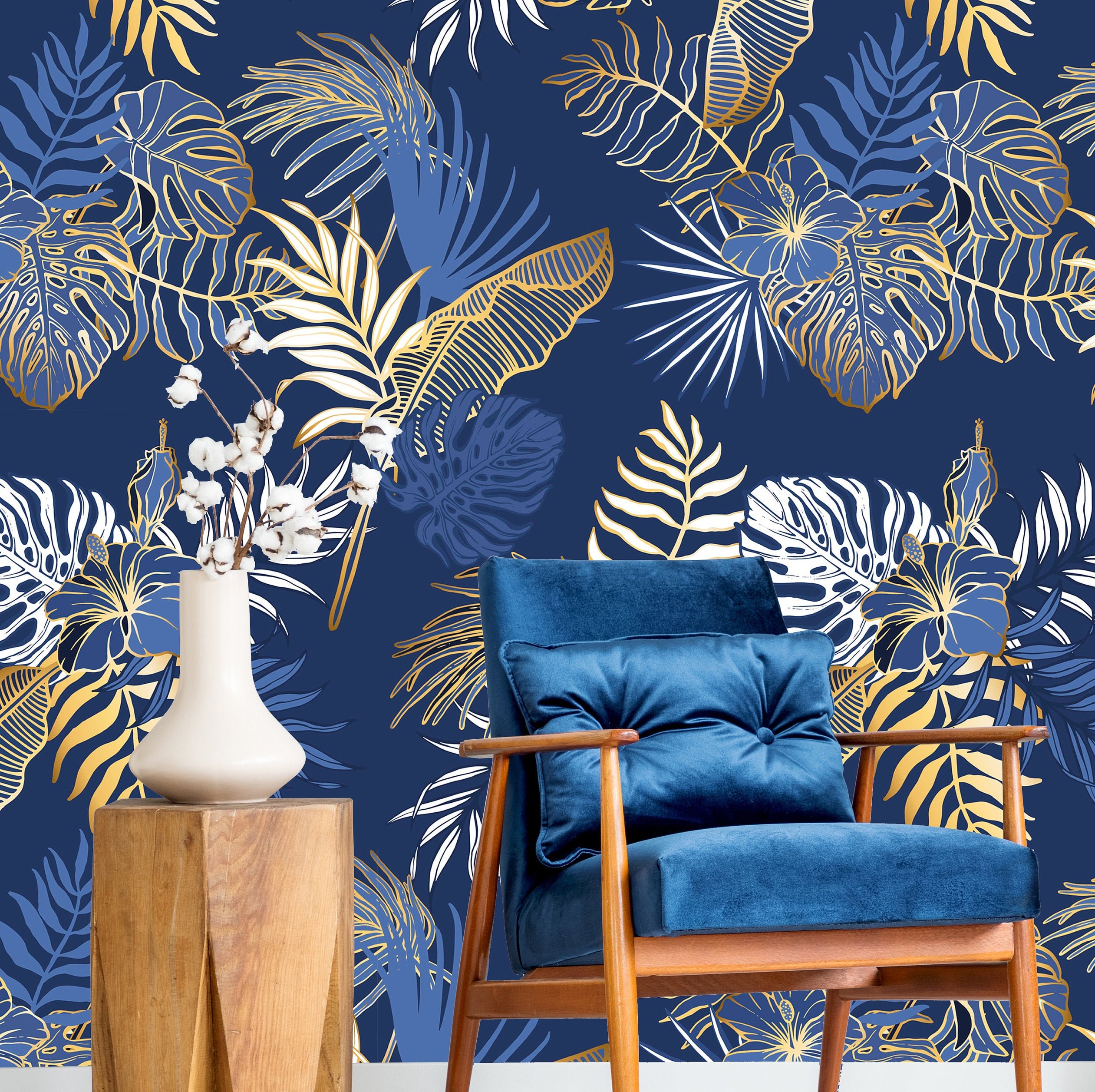 Exotic leaf tropical wallpaper Peel and Stick Wallpaper Blue | Etsy