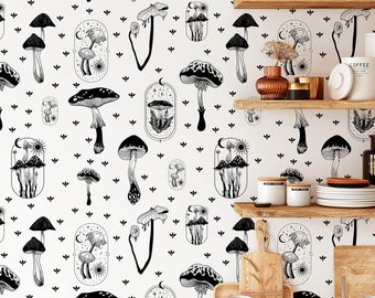 White & Black Mushroom Wallpaper, Minimalist Wallpaper, Peel and Stick Wallpaper, Self-Adhesive Wallpaper, Removable Wallpaper, Home Décor