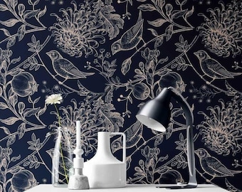 Floral Wallpaper Removable Peel and Stick Vinyl Blue Abstract Botanical Leaf Wall Mural for Bedroom Living Room Decor