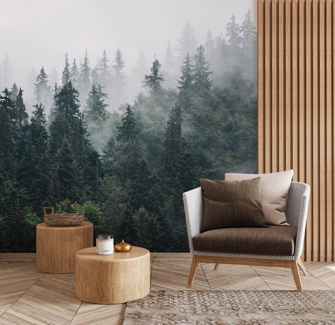 Foggy Forest Peel and Stick Wallpaper Misty Pine Woodland Wall Mural ...