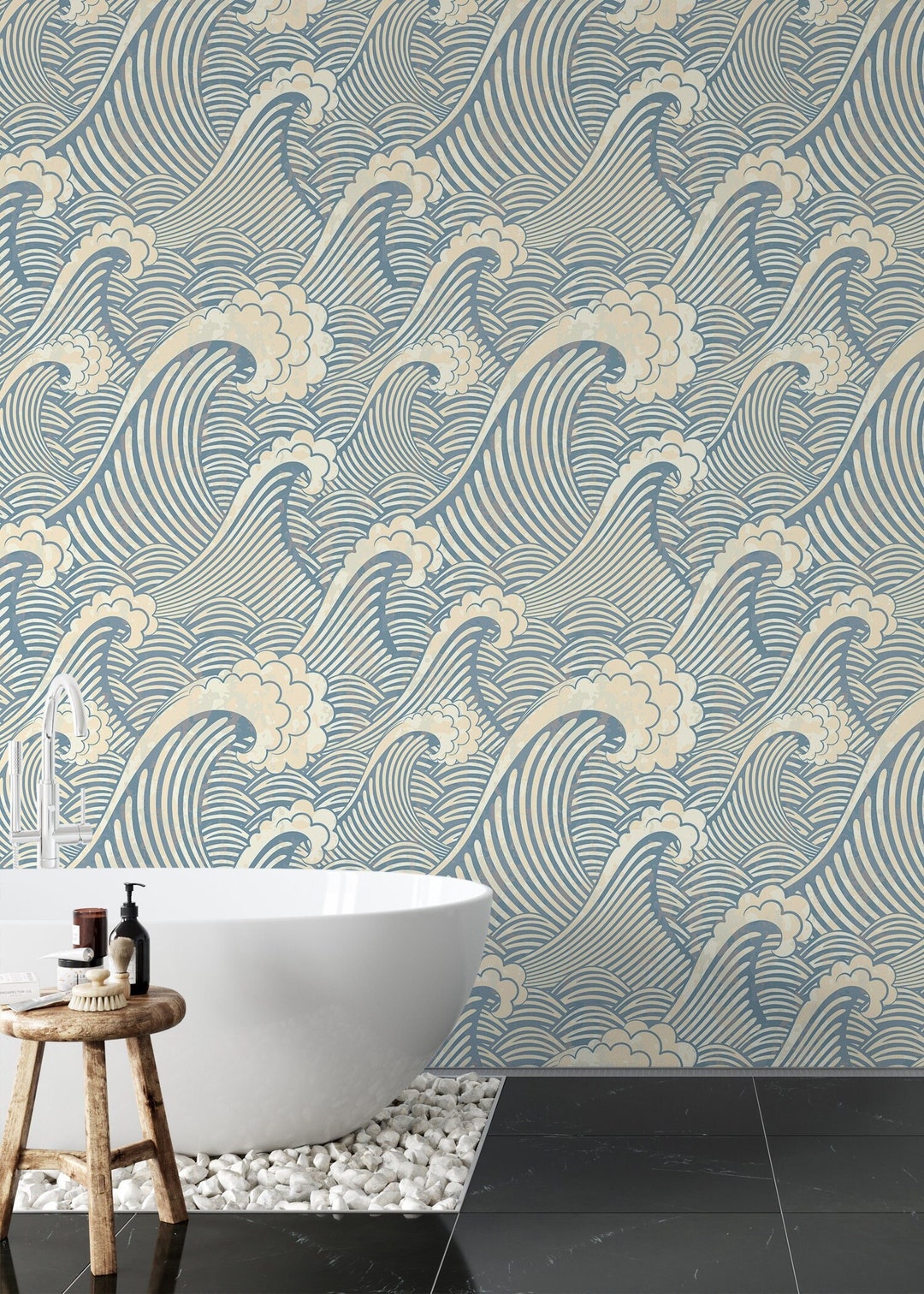 Wavy Blue and White Removable Wallpaper, Blue Waves Wallpaper Mural