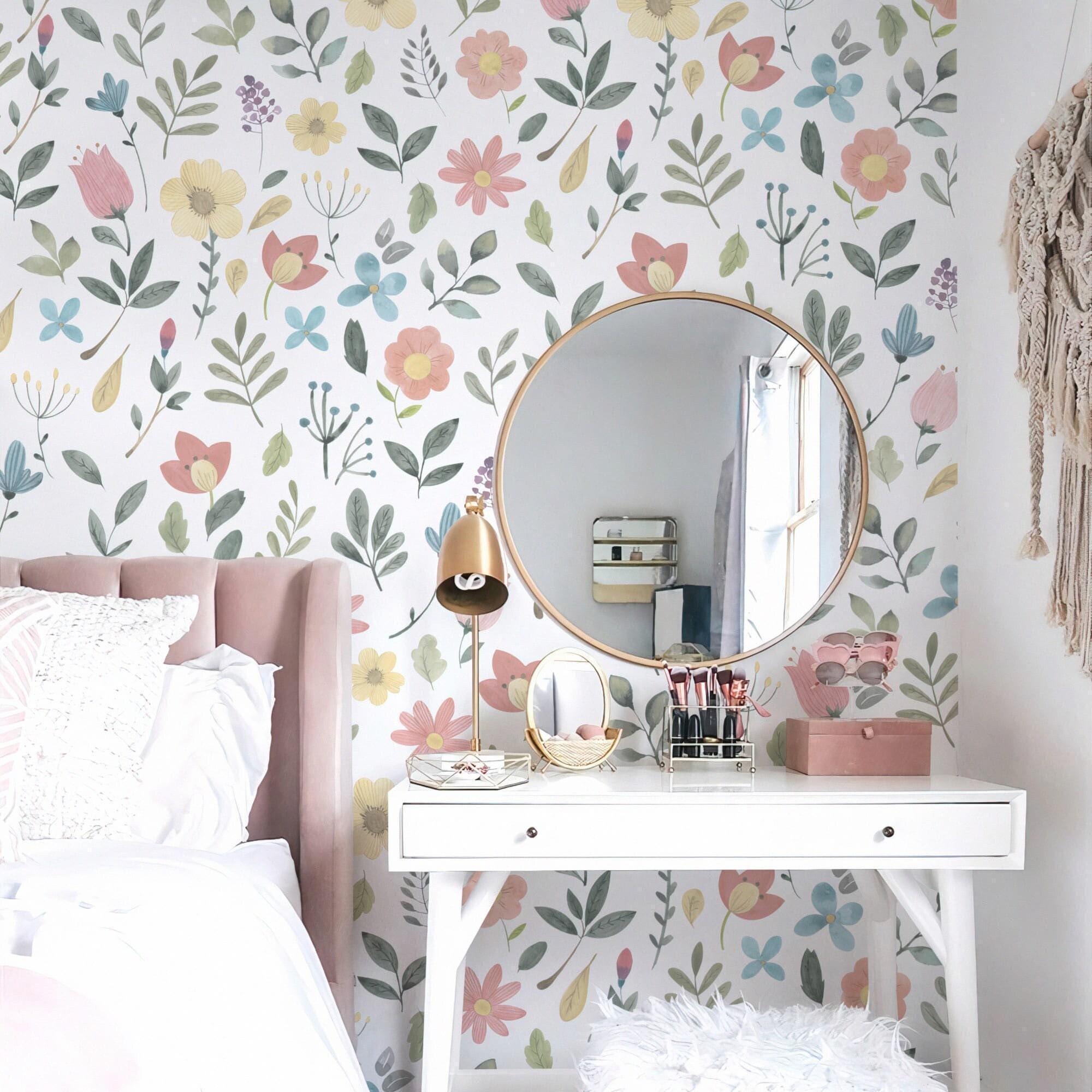 Watercolor Floral Wallpaper | Botanical Wall Art | Pastel Flowers Girls ...
