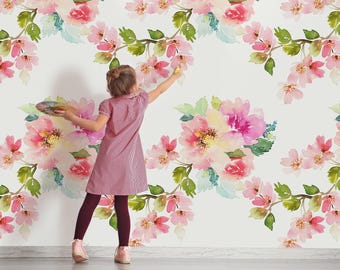 Mural floral botánico rosa en acuarela, papel pintado removible autoadhesivo para dormitorio de niñas