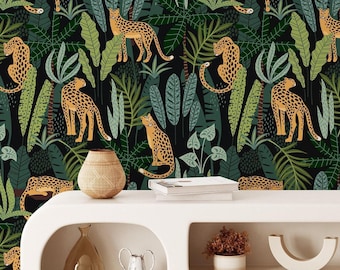 Green Tropical Leopard Peel and Stick Wallpaper Jungle Foliage Wall Mural