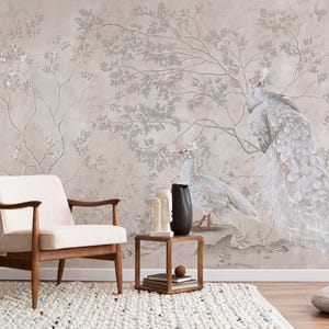 Aesthetic Grey and White Peacock Wallpaper, Handpainted Botanical Floral Wallpaper for Living Room Decor, Peel and Stick Removable Wallpaper
