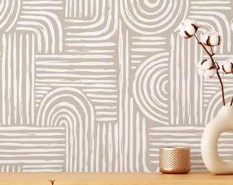 Boho Mural Wallpaper, Abstract Line Wall Mural, Boho Peel and Stick Wallpaper in Beige, Abstract Line Wallpaper Easy to Install