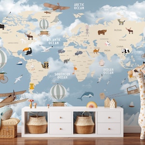 World Map Wallpaper with Animals for Kid’s Room, Educational Kids Wallpaper, Nursery World Map Peel & Stick Vinyl Wallpaper, Room Decor