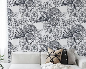 Black White Floral Sketch Wallpaper Mural Botanical Peel and Stick Wall Art Removable Vinyl
