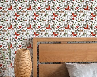 Berry and Mushroom Watercolor Wallpaper | Self Adhesive Wallpaper | Botanical Forest Pattern |  Cottage Home Decor