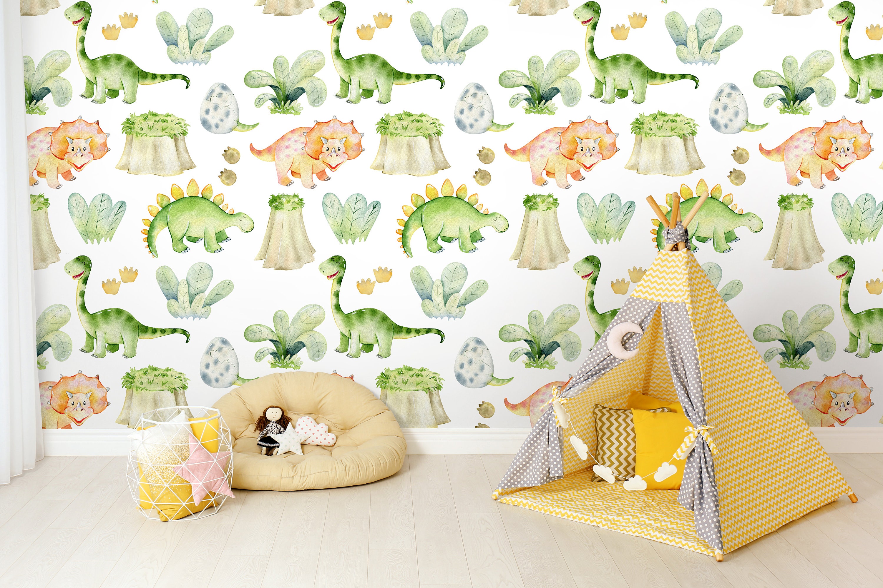 Peel & Stick Wallpaper Little Green Good Dinosaurs Nursery | Etsy