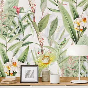 Tropical Design with Flowers Wallpaper, Floral Wall Decor, Botanical Wall Covering, Self Adhesive, Temporary Wallpaper, UV Resistant