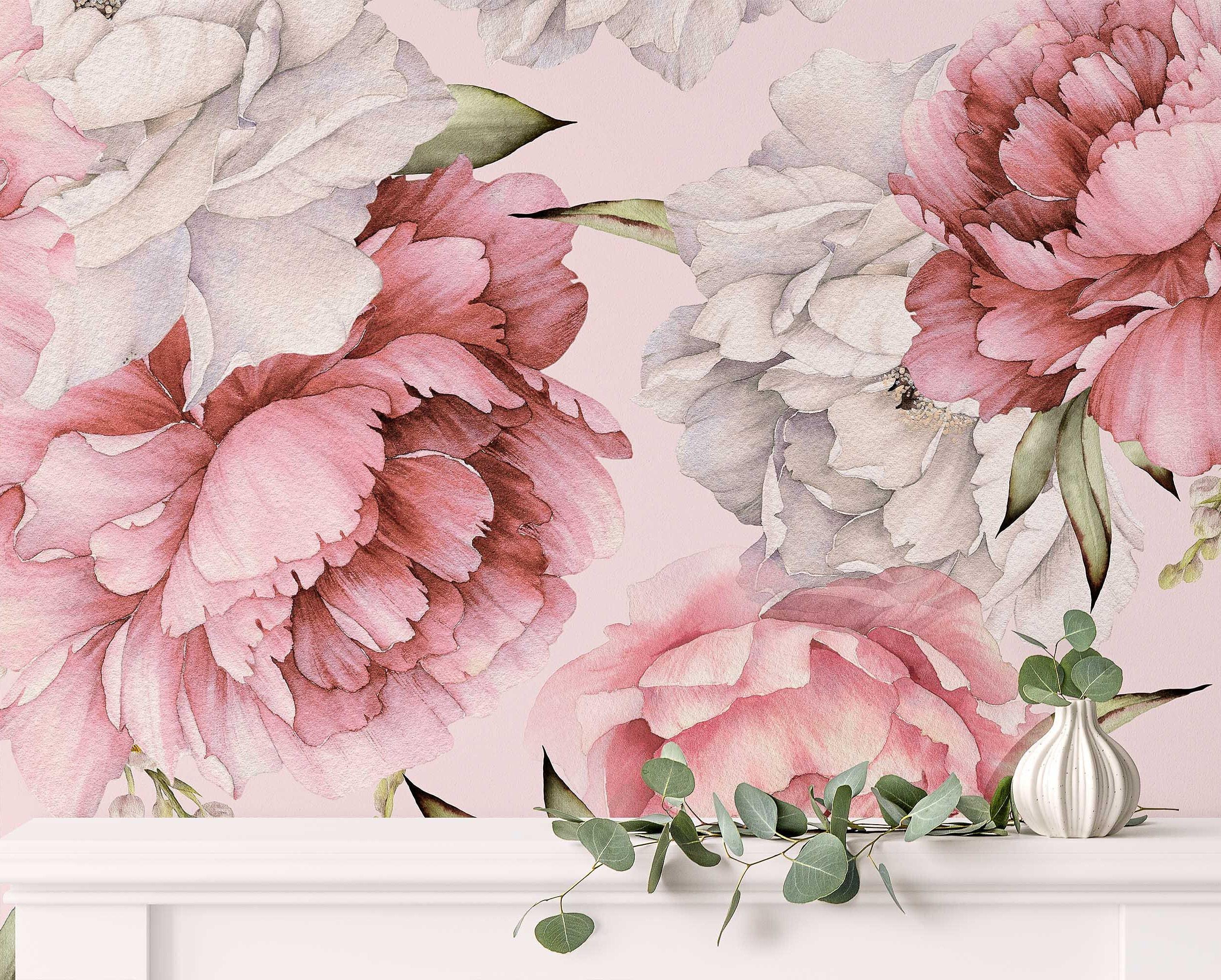 Pink Peony Maximalist Peel and Stick Wallpaper, Floral Removable Wall ...