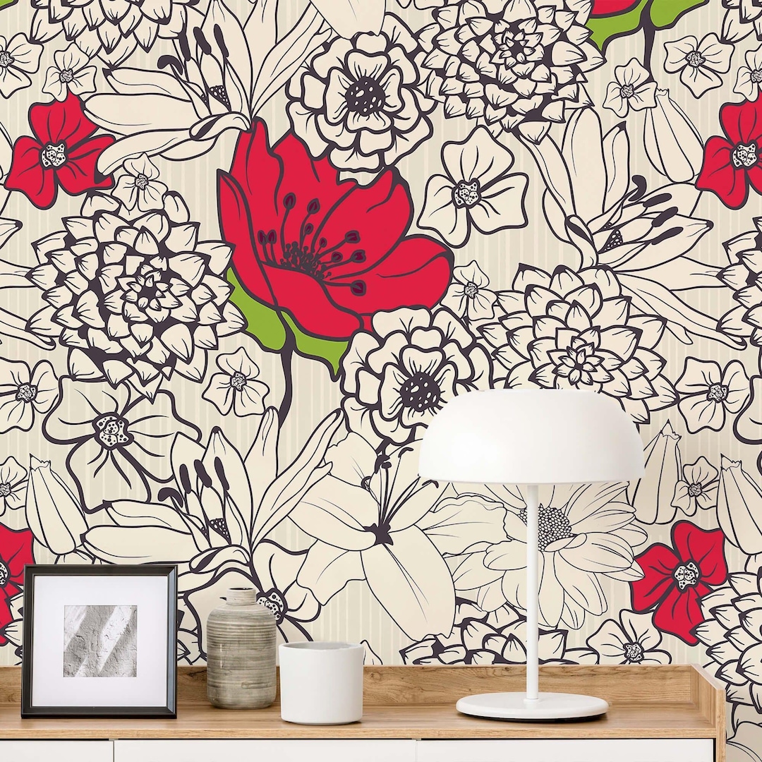 Red Poppy Floral Peel and Stick Wallpaper Romantic Wall Mural Boho ...