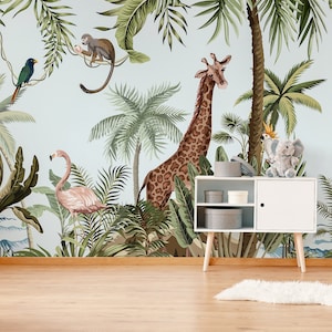 Kids Safari Wallpaper,Tropical Forest with Animals Wall Decor, Peel and Stick Wallpaper,Kids Room Wallpaper,Nursery Decor,Kids Wall Mural