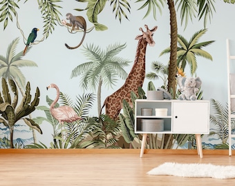 Kids Safari Wallpaper,Tropical Forest with Animals Wall Decor, Peel and Stick Wallpaper,Kids Room Wallpaper,Nursery Decor,Kids Wall Mural