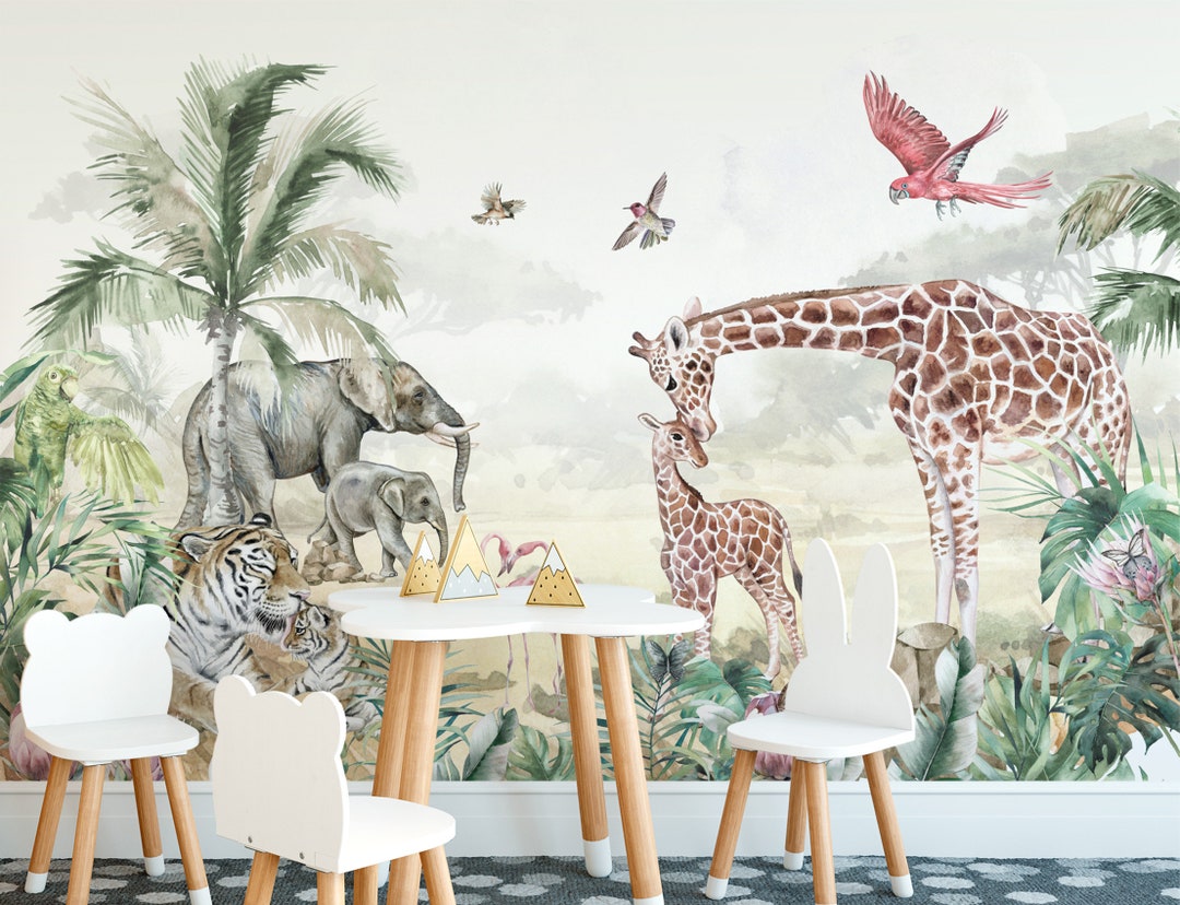 Jungle Safari Peel and Stick Wallpaper, Animal Nursery Wall Mural ...