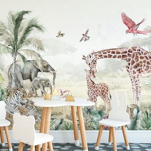 Jungle Wallpaper, Safari Peel and Stick Wallpaper, Jungle Animals Wall Mural, Nursery Wallpaper, Kids Room Decor, Removable Wallpaper