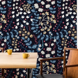 Colorful Floral Wallpaper with Dark Background, Livingroom Wall Decor, Office Wallpaper, Vinyl Wall Cover, Scandinavian Washable Wallpaper