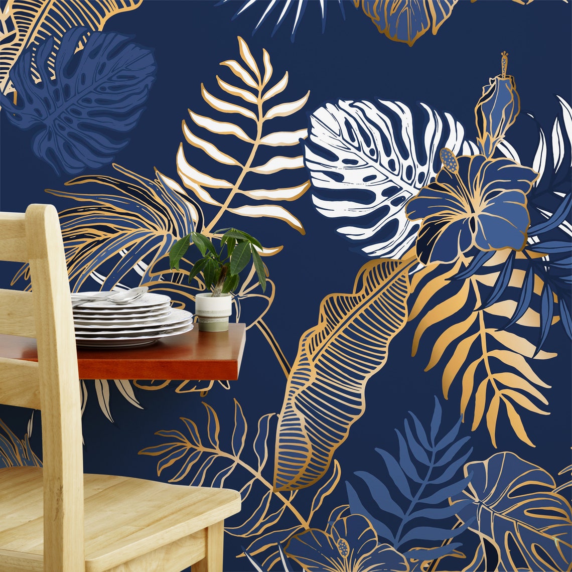 Exotic leaf tropical wallpaper Peel and Stick Wallpaper Blue | Etsy