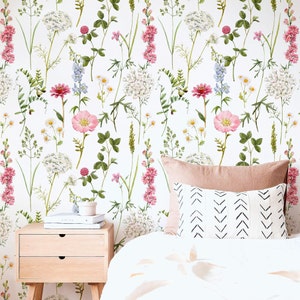 Pink & White Floral Wallpaper, Alpine Garden Wildflower Wallpaper, Pink Meadow Peel And Stick Wallpaper, Floral Wall Mural Wallpaper