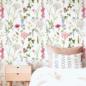 Colorful Floral Wallpaper, Pink & White Flowers Peel and Stick Wallpaper, Modern Boho Wall Decal, Removable Wallpaper for Living Room